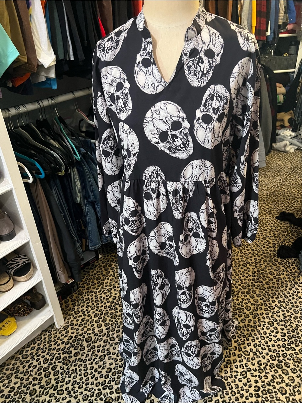 Black Skull Print Midi Dress - Contemporary Women's Dress